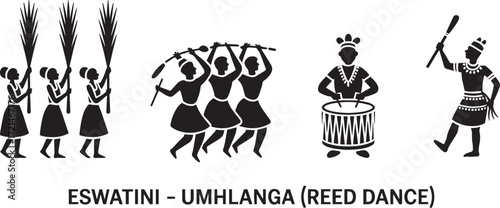 Eswatini Umhlanga Reed Dance Silhouette Icons Swazi Tradition Ceremony Celebration Vector