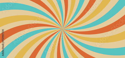 Swirl groovy sunburst, circus marquee pattern, vintage carnaval background, red circle rays on beige. Abstract bg with grunge texture, vector illustration of marquee strip, old paper bg.