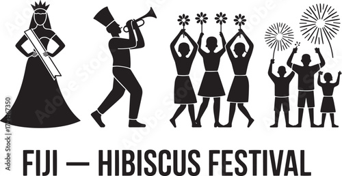 Fiji Hibiscus Festival Celebration Icon Symbols Queen Trumpet Player Dancers and Fireworks