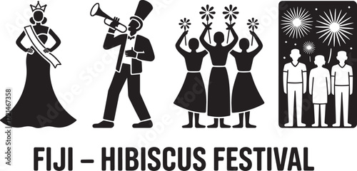 Fiji Hibiscus Festival Celebration Icon Symbols with Queen Trumpet Player Dancers and Fireworks