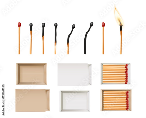 Matchbox, empty package for match sticks in top and perspective view. Realistic mockup of 3d blank box. Stages of burning the match. Symbol of ignition burning. Vector