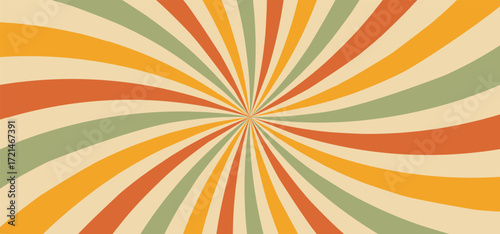 Swirl groovy sunburst, circus marquee pattern, vintage carnaval background, red circle rays on beige. Abstract bg with grunge texture, vector illustration of marquee strip, old paper bg.