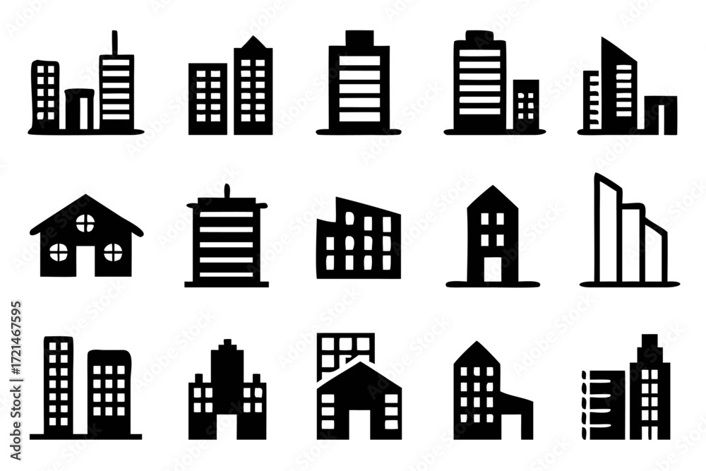 Fototapeta premium Collection of city buildings icons a set of various building icons, including houses, skyscrapers, and other structures