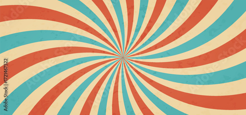 Swirl groovy starburst, circus marquee pattern, vintage carnaval background, red circle rays on beige. Abstract bg with grunge texture, vector illustration of marquee strip, old paper bg.