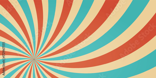 Swirl groovy starburst, circus marquee pattern, vintage carnaval background, red circle rays on beige. Abstract bg with grunge texture, vector illustration of marquee strip, old paper bg.