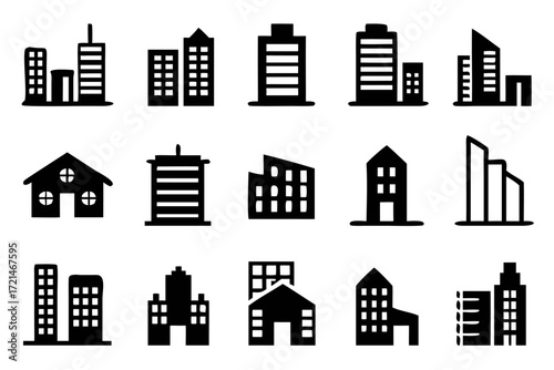 Collection of city buildings icons a set of various building icons, including houses, skyscrapers, and other structures