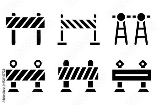 Illustration of a set of six different types of road blockades, each blockade is unique in its design and construction