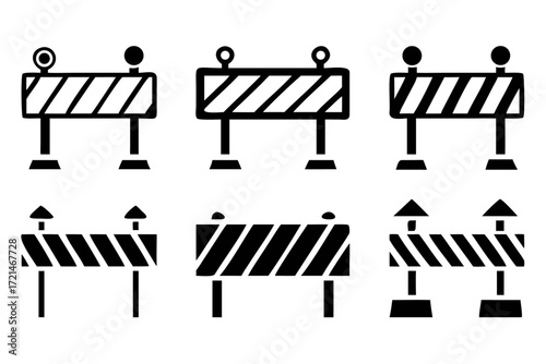 Collection of road barrier icons, representing traffic management and construction zones, perfect for urban planning and safety designs