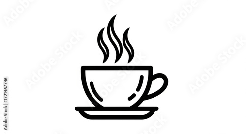 A steaming cup of coffee, with a saucer and a handle, and three swirls of steam rising from the hot beverage