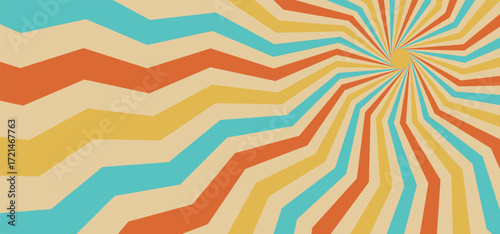 Groovy swirl retro background. Circus marquee pattern, vintage carnaval background, red, yellow, turquoise colors circle rays on beige. Abstract marquee strip beam for poster or flyer, vector eps.
