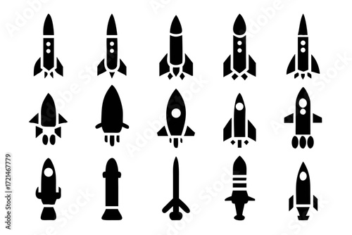Illustration of a set of fifteen different types of rocket, each rocket is unique in its design and construction