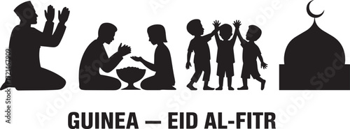 Guinea Eid Al-Fitr Silhouette Illustration Representing Cultural Celebration With Mosque And People