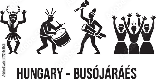 Hungary Busójárás Festival Iconography Silhouette Set Traditional Carnival Celebrating End Winter