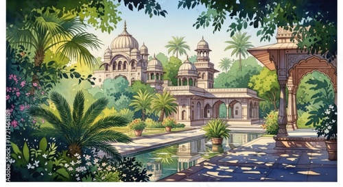 Elegant Indian Palace in Lush Garden with Water Fountain and Traditional Architecture