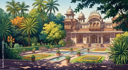 Elegant Palace with Lush Garden and Water Features in Tropical Setting