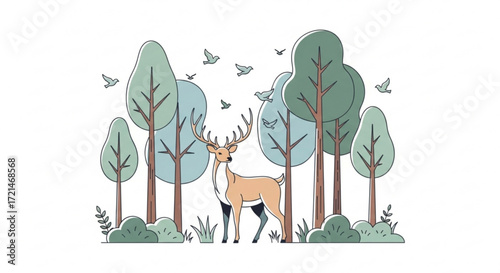 A majestic deer stands gracefully amidst a serene forest, surrounded by lush trees and fluttering birds