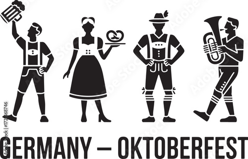 Oktoberfest German Beer Festival Silhouettes. Germany Holiday Symbols. Celebration Icons. Traditional