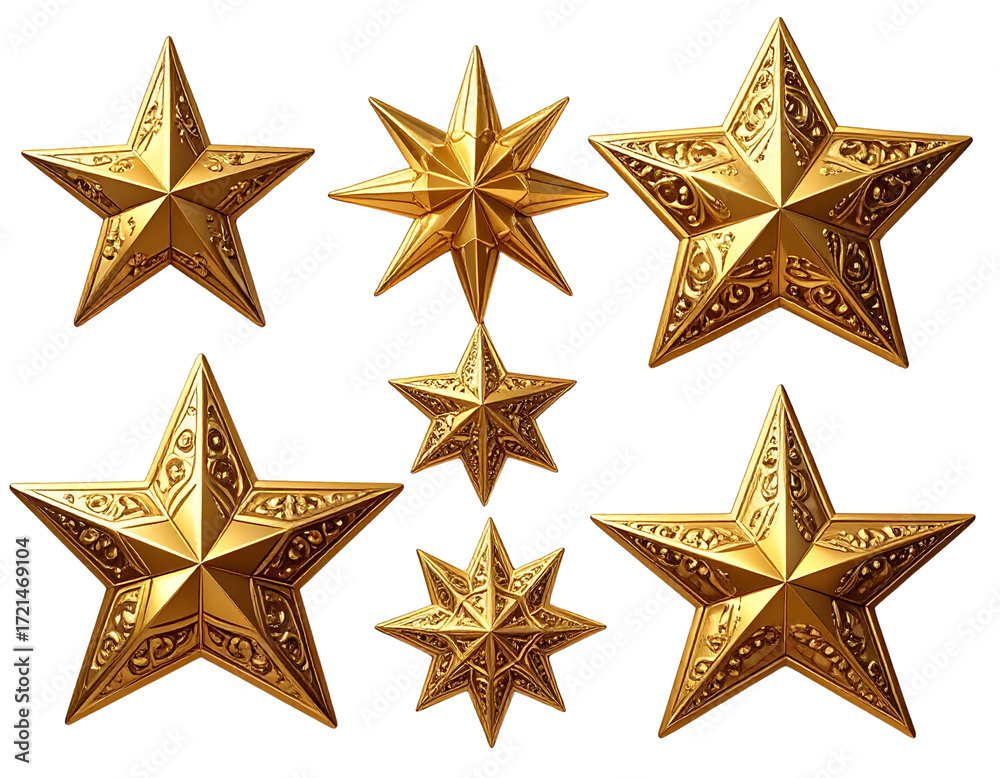 Fototapeta premium Golden decorative star ornaments png set