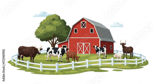 A charming farm scene with a red barn, cows, and sheep, capturing the essence of rural life and agriculture