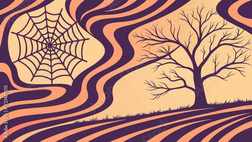 Halloween spooky tree with spider web and wavy pattern in orange and purple colors vector background