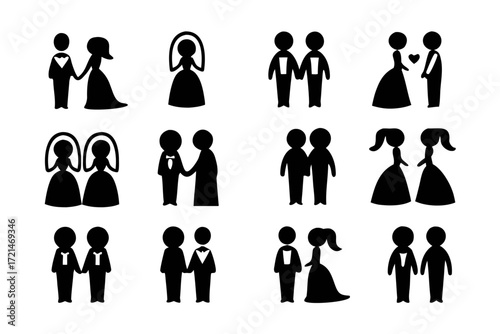 Collection of wedding couple icons in various poses, representing diverse relationships and celebrations, for versatile use