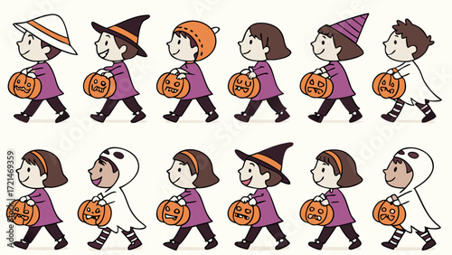 Children in halloween costumes holding pumpkins, walking in a line, trick or treat vector background