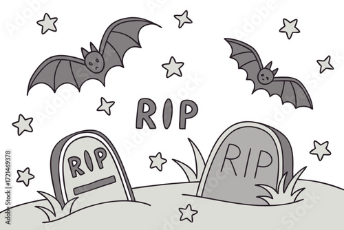 Spooky halloween scene with bats flying over tombstones and stars vector background