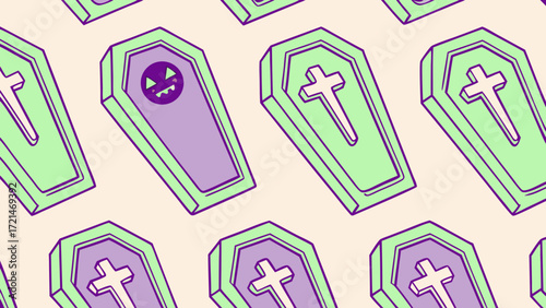 Pattern of coffins with crosses and a jack o lantern face vector background