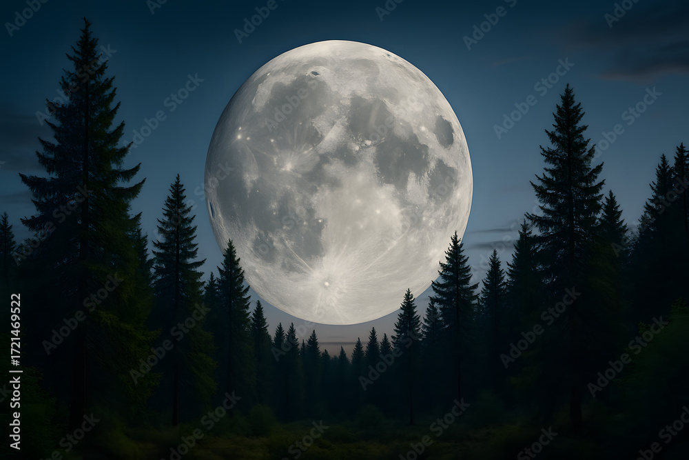 Naklejka premium Surreal Giant Supermoon Rising Above Forest at Night
