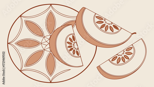 Stylized illustration of sliced melon with a decorative circular pattern vector background
