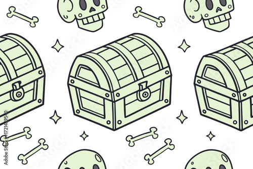 Seamless pattern of pirate treasure chests, skulls, and crossbones on a vector background
