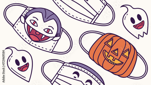 Funny halloween face masks with vampire, pumpkin, and ghost designs vector background