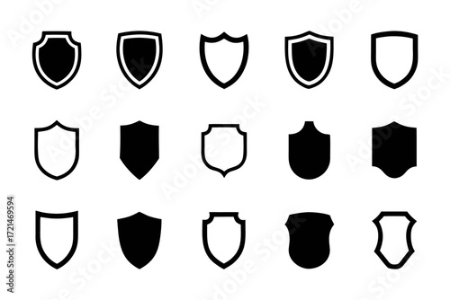 Collection of fifteen shield icons in various shapes and styles, , representing security, protection, and defense concepts