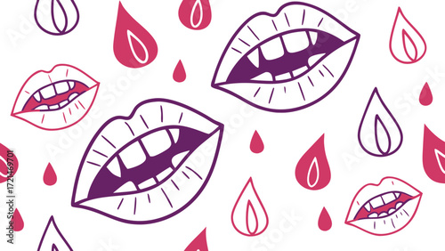 Abstract pattern of vampire lips with fangs and dripping blood drops in purple and pink vector background