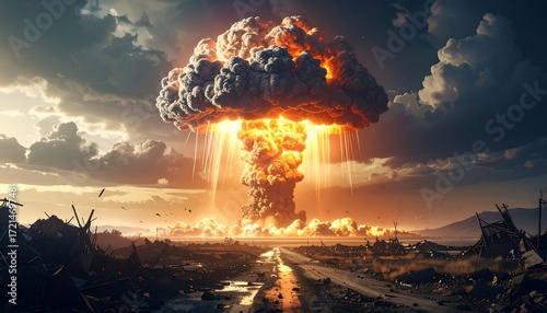 A nuclear explosion over a desolate landscape