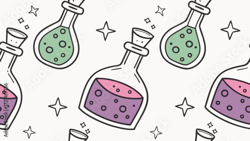 Magical potion bottles with colorful liquid and bubbles, seamless pattern vector background