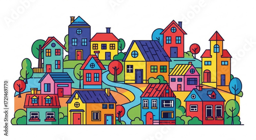 Colorful cartoon houses on a hill with a winding road, creating a vibrant and cheerful neighborhood illustration