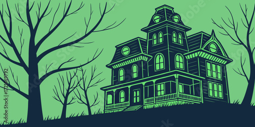 Spooky victorian haunted house with bare trees on a hill at night vector background