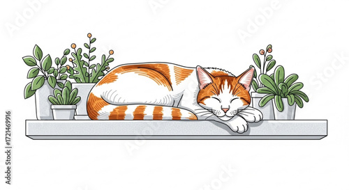 A charming illustration of a ginger and white cat sleeping peacefully on a shelf surrounded by potted plants
