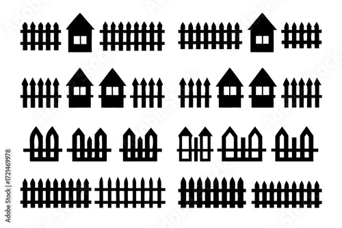 Set of fence and house silhouette picket fence, wooden fence, house with window illustration of fences and houses