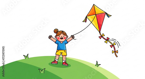 A joyful girl flying a colorful kite on a grassy hill, capturing the essence of childhood fun and outdoor adventure