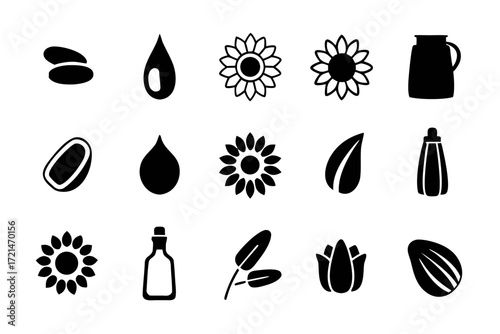 Sunflower oil icon set collection of symbols related to sunflower, oil, seed, and bottle healthy food and cooking ingredient