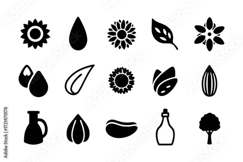 Collection of sunflower oil icons set of symbols related to sunflower, oil, seed, and bottle healthy food and cooking