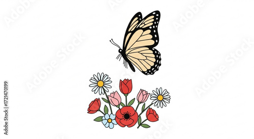 A beautiful monarch butterfly flutters above a charming bouquet of daisies, tulips, and poppies for a touch of natures elegance