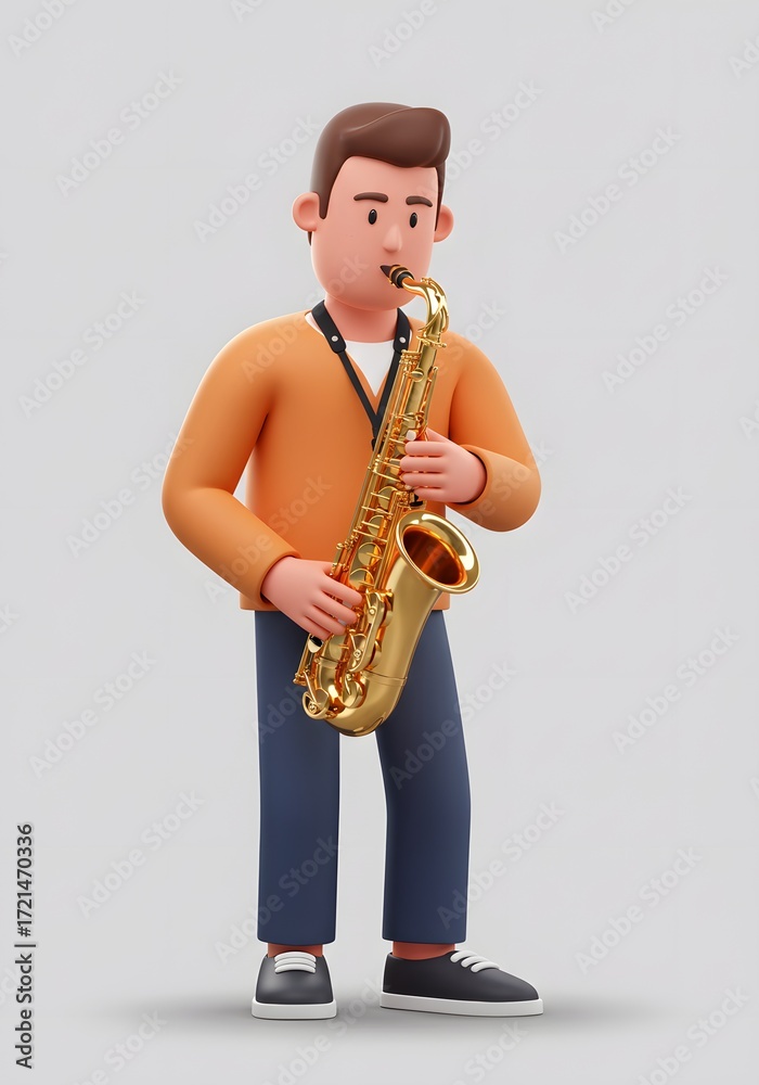 Naklejka premium 3D Cartoon Man Playing Saxophone