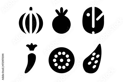 Collection of fruit and vegetable icons showcasing a variety of produce in a simple and modern style for design purposes
