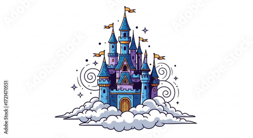 A whimsical castle floats among fluffy clouds, , evoking a sense of fairytale magic and childhood dreams