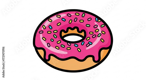 A delicious donut with pink frosting and colorful sprinkles the donut is round and has a hole in the middle