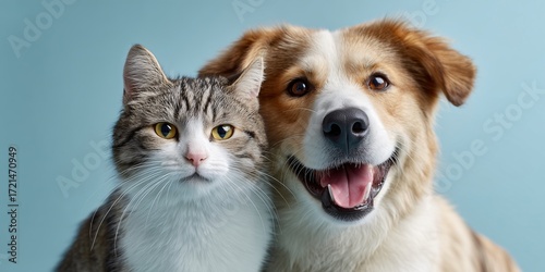 happy cat and dog on a plain blue background