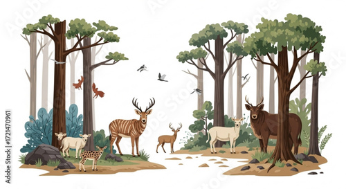 A serene forest scene with deer and birds, a tranquil woodland with wildlife, a peaceful nature illustration